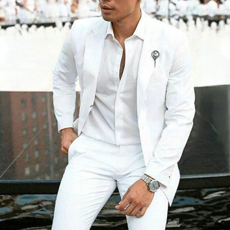 White men's slim fit two-piece wedding suit with cotton acetate fabric