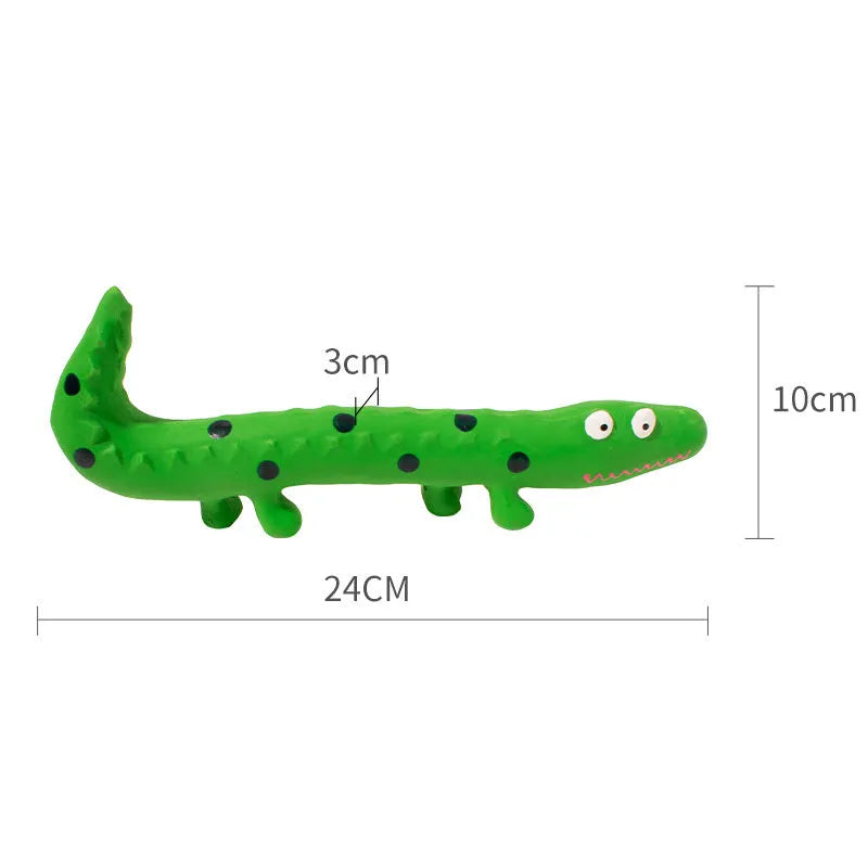 Green cartoon lizard shaped dog chew toy with squeaker for aggressive chewers