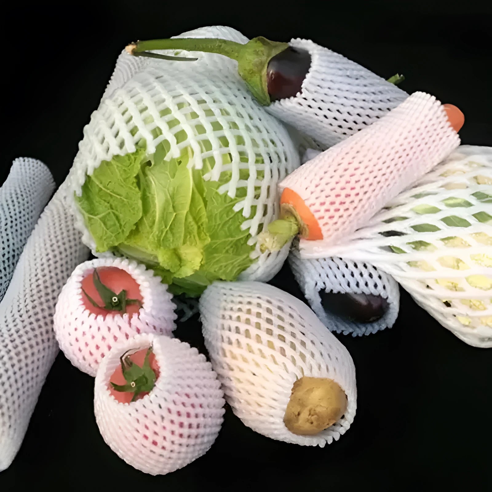 White foam net protective cover for fruit, shown next to an apple, with size options listed.