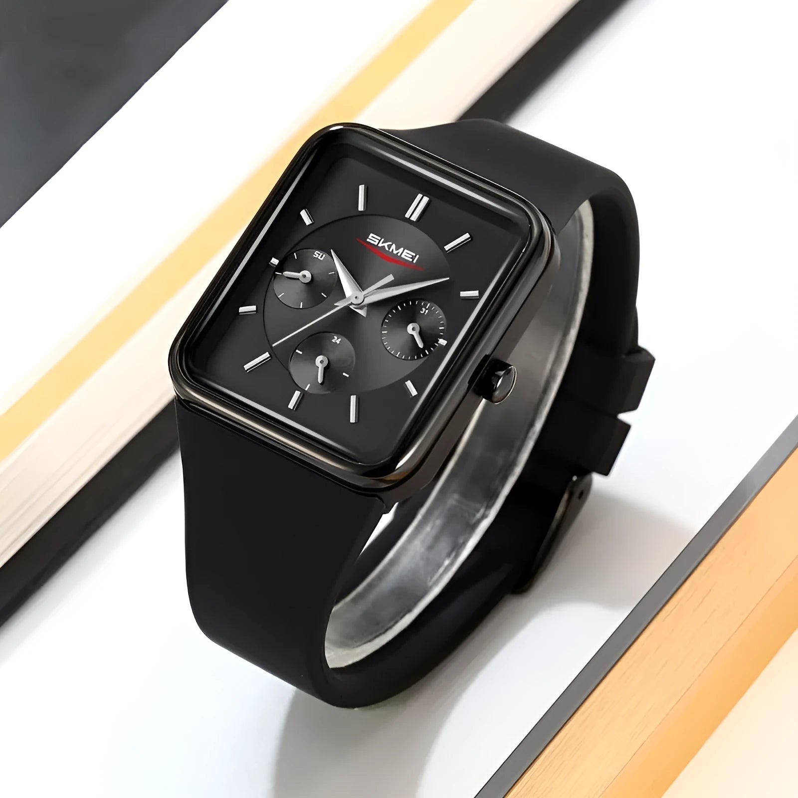 Multi-functional square silicone waterproof watch for girls in white rose gold on a light background