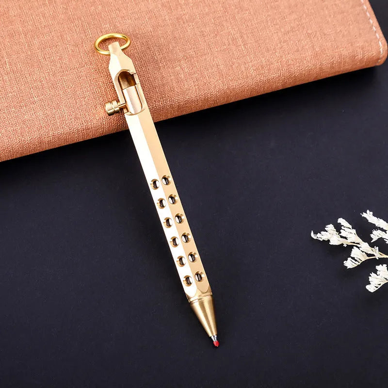 Brass hexagonal bolt rollerball pen with retro design and 0.5mm writing tip