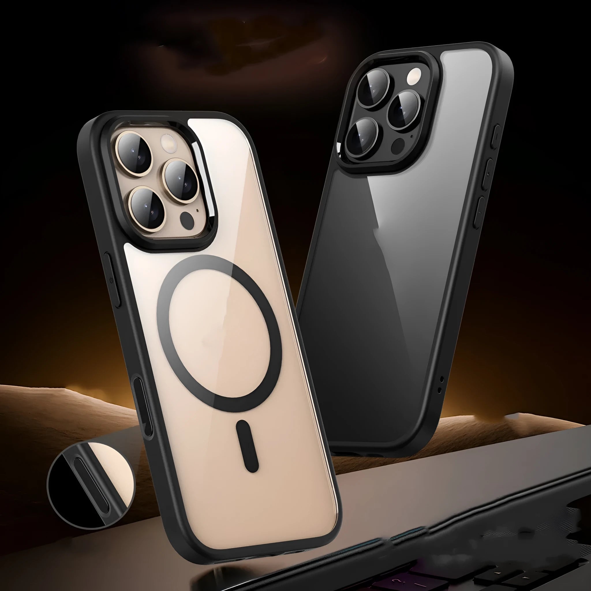 Black transparent magnetic phone case for iPhone 16 with airbag corners and TPU PC construction