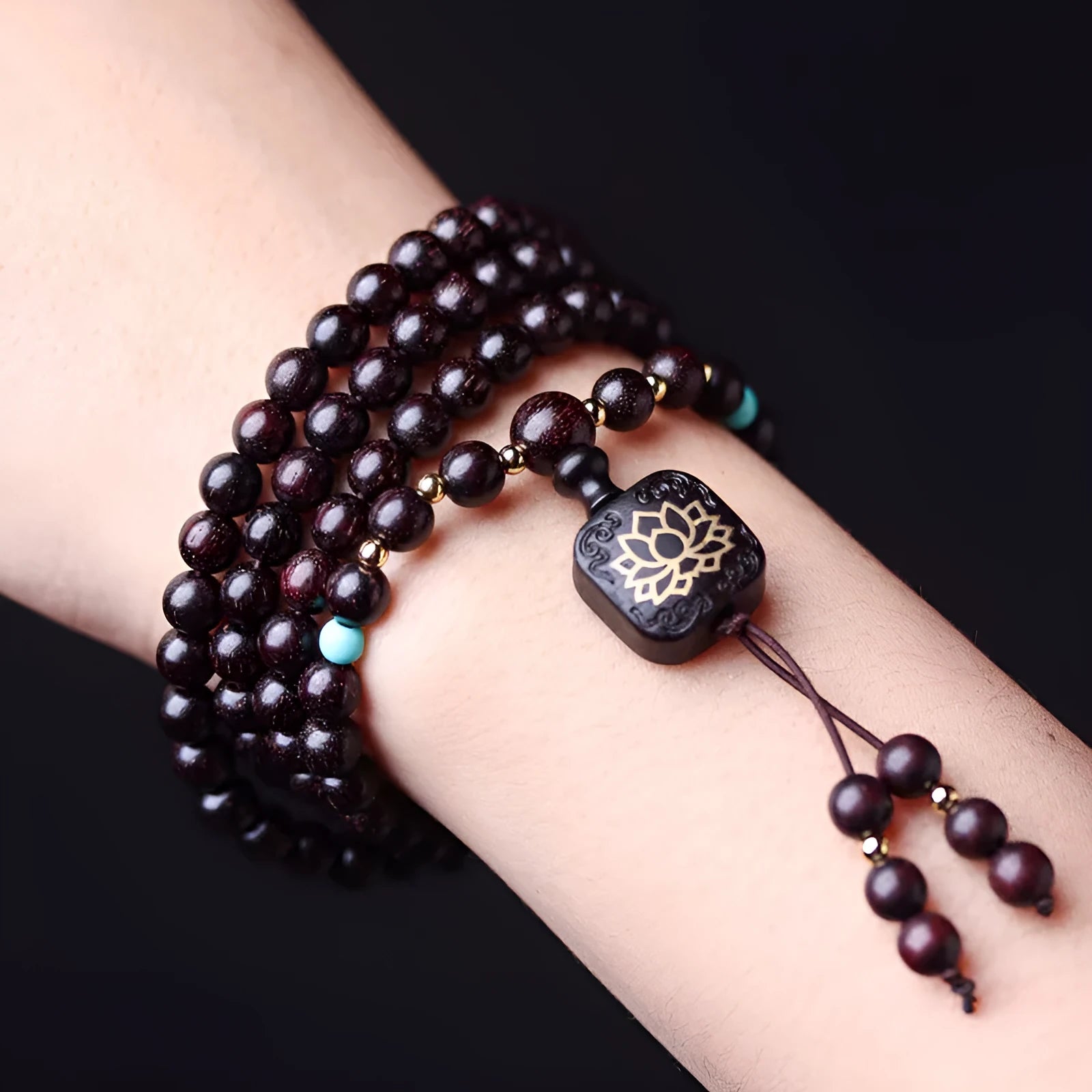 Zambia Rosewood 108 bead bracelet with flat lotus pendant and grinding finish