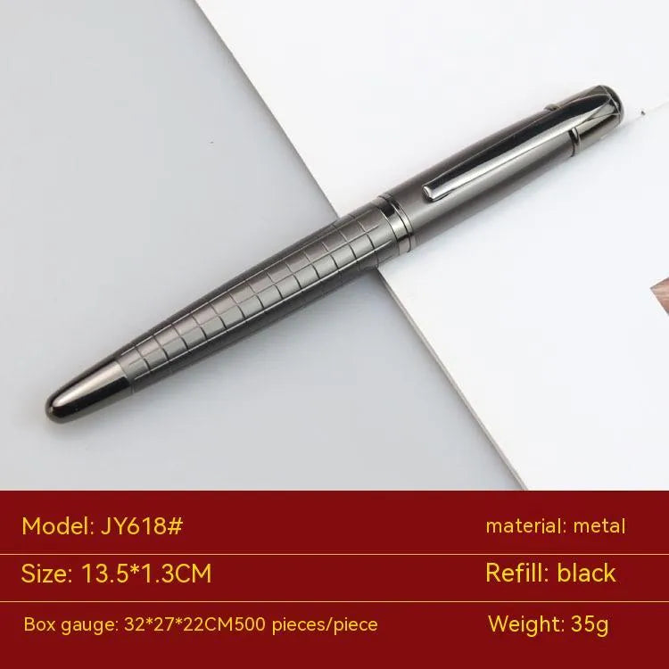 Gun gray metal roller pen with black ink cap, 13.5cm length, on white background