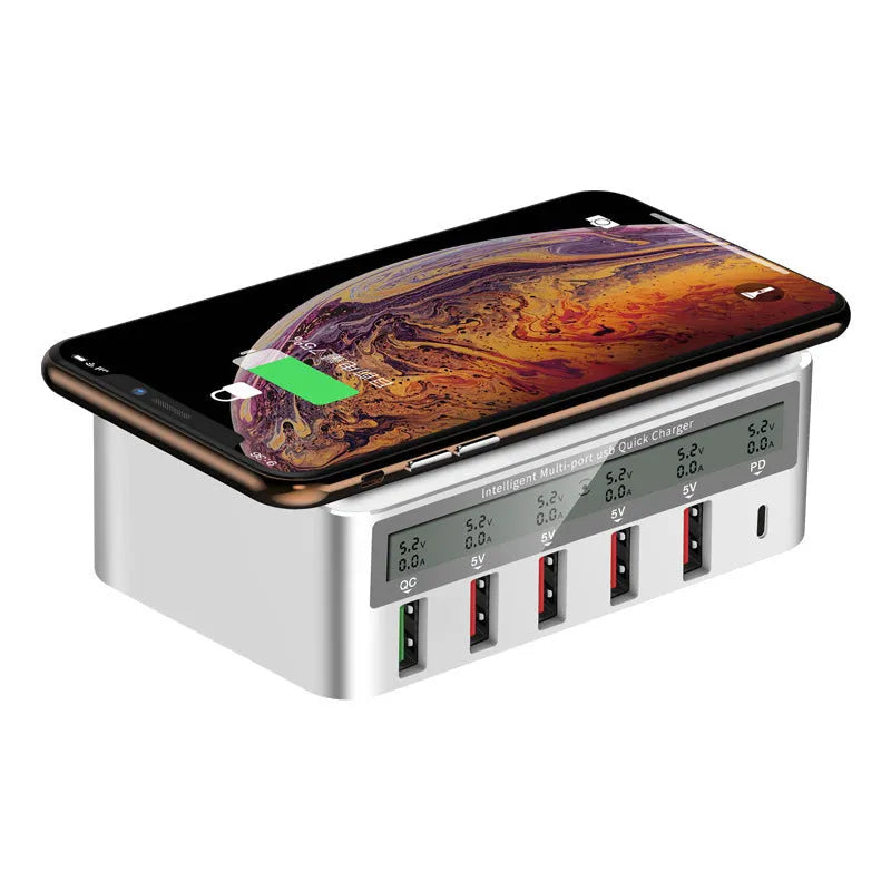 QC30 50W desktop USB charger with six ports, Type-C fast charge, and wireless charging pad, UK plug