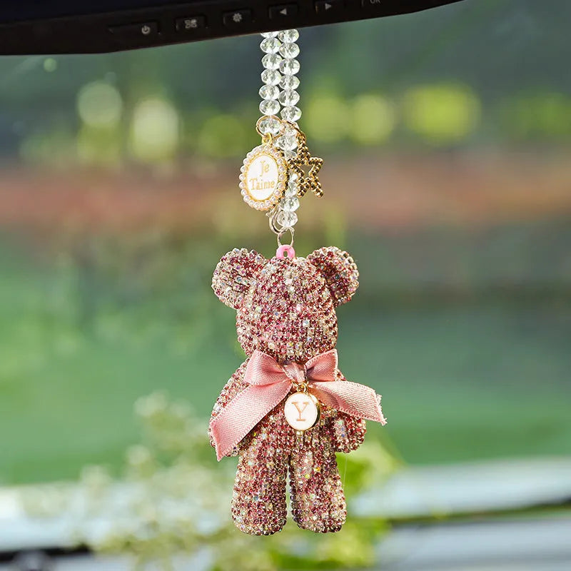 Violent Bear character car rearview mirror pendant with artificial crystal rhinestones in black, white, or mixed pastel colours