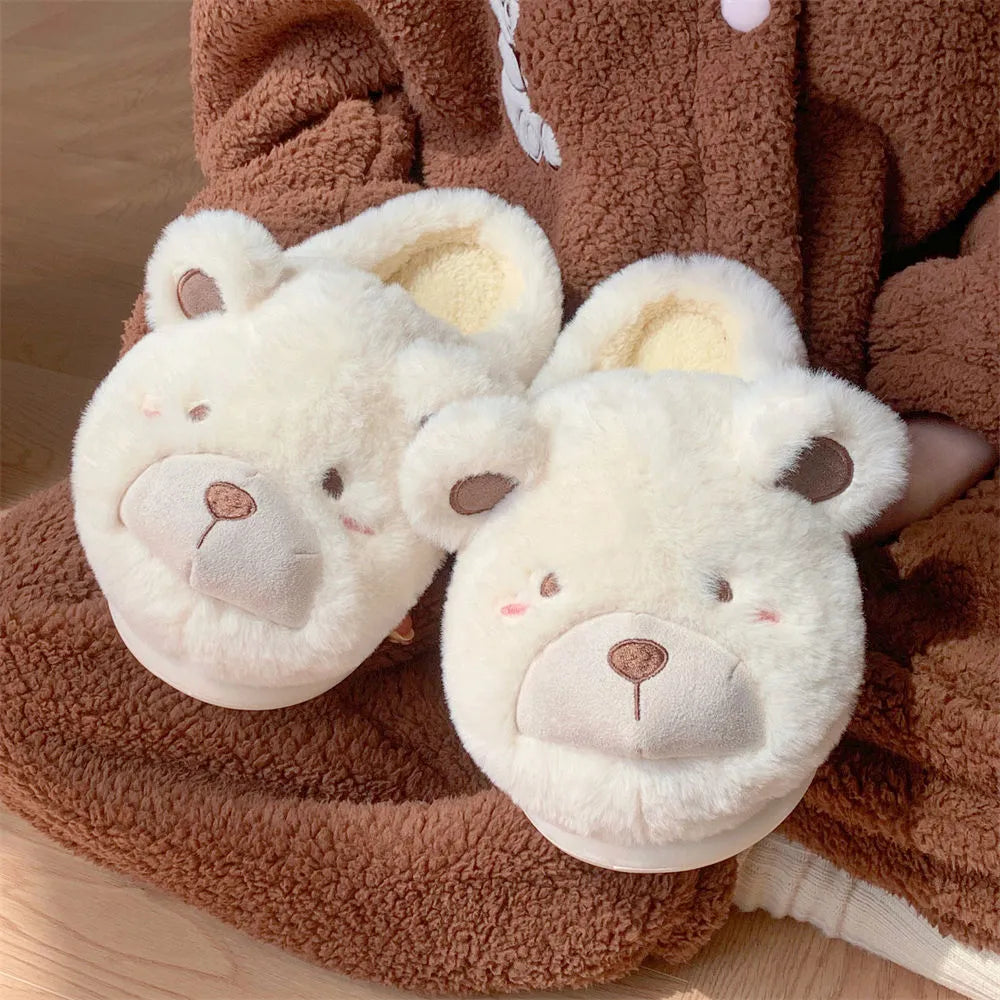 Ladies suede plush slippers in khaki with round toe and cute cartoon pattern