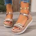 Gold woven PU wedge sandals with round toe for women, sizes 36-42