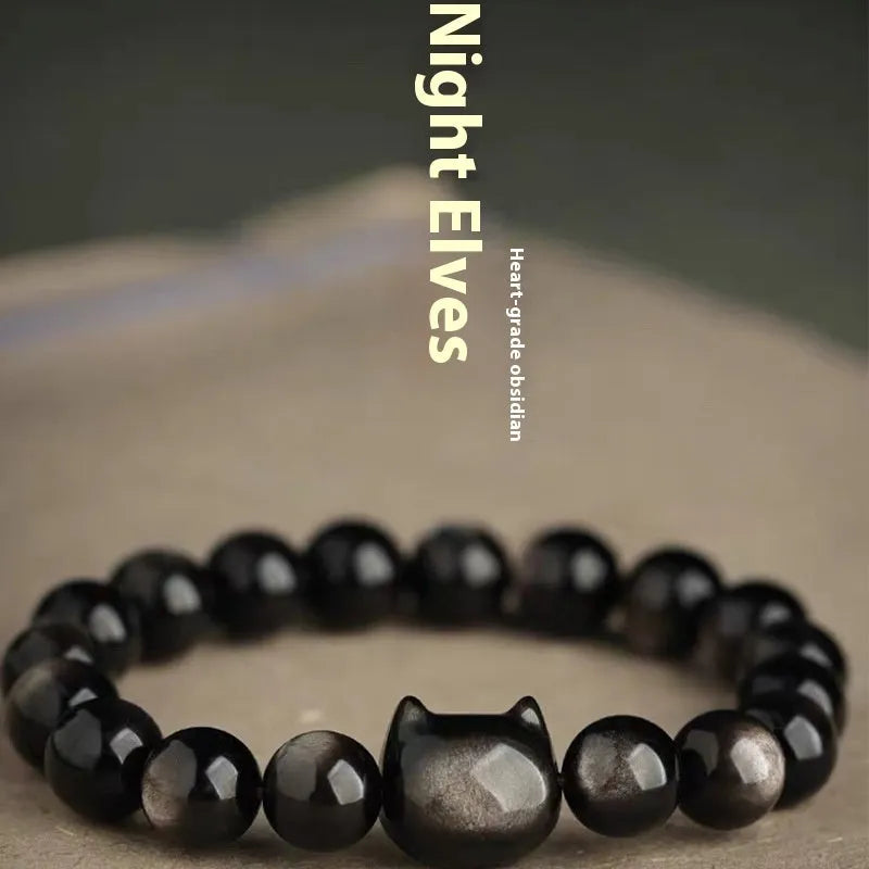 Polished obsidian cat head bracelet with natural stone beads and round cat head accessory, gold style, 10mm beads
