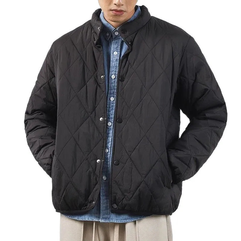 Men's black diamond lattice cotton-padded winter jacket with a lengthened 100cm silhouette and loose fit.