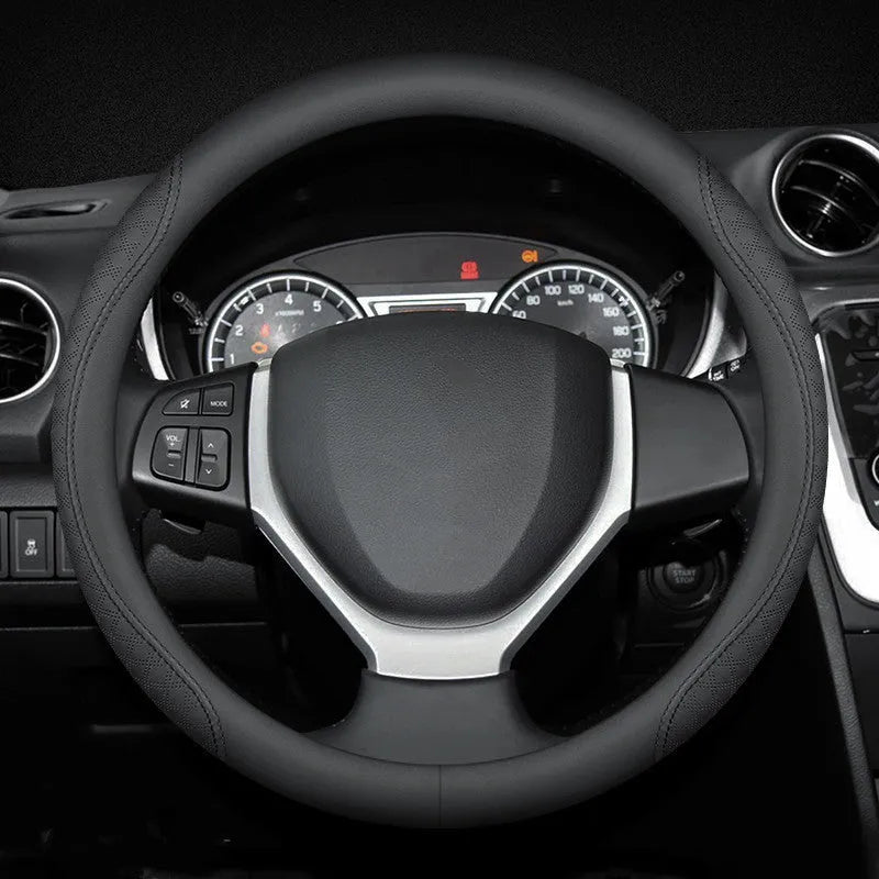 Black two-colour line Napa leather texture steering wheel cover for Suzuki cars, 38cm diameter.