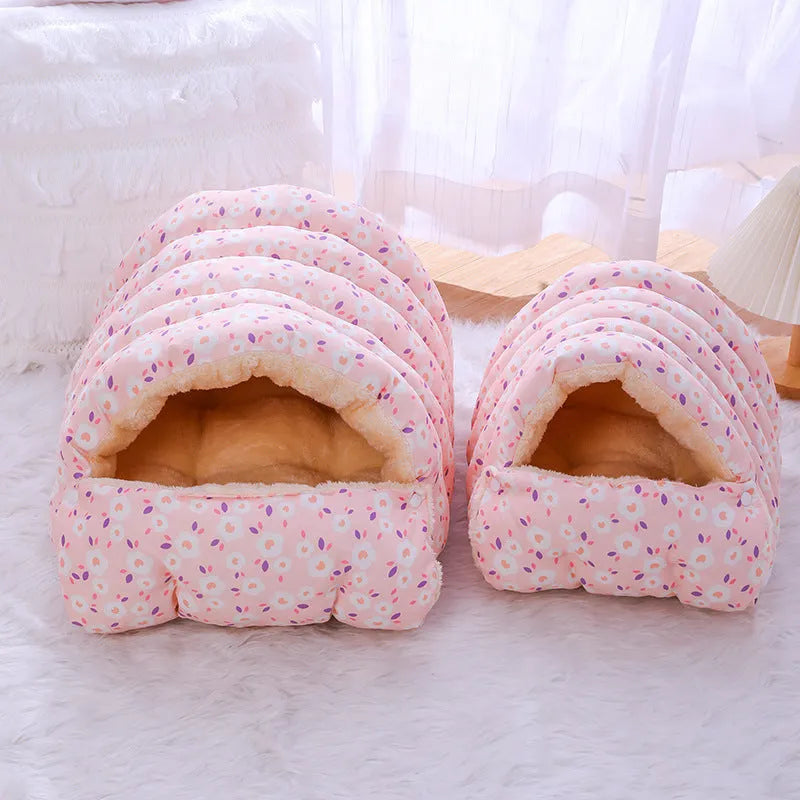 Winter warm closed cat nest in pink floral pattern with removable cover, suitable for cats under 15kg, made of cloth