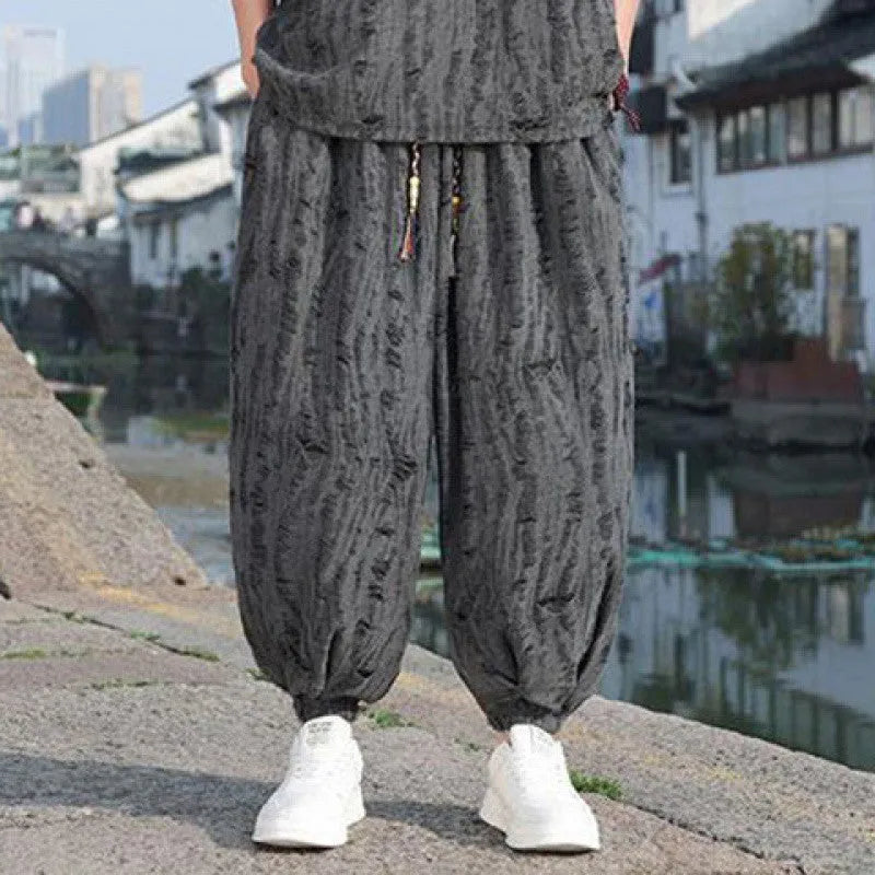 Men's thin short-sleeved loose two-piece knitwear suit in black, half sleeves, cropped trousers, casual national style