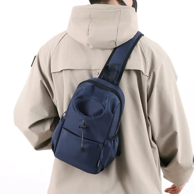 Oxford cloth waterproof shoulder chest bag for men in black with stitching detail