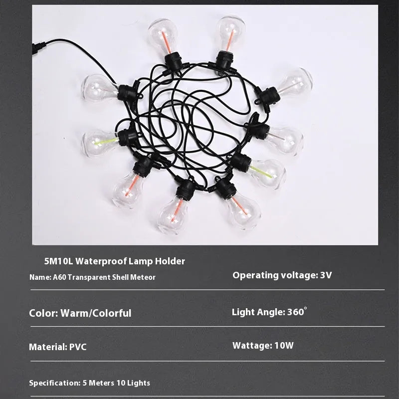 Outdoor waterproof decorative string lights with 5m 10 A60 transparent case meteor bulbs for wedding scene layout
