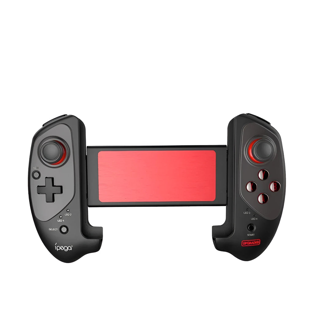 Red telescopic Bluetooth gamepad for mobile and PC with USB cable.