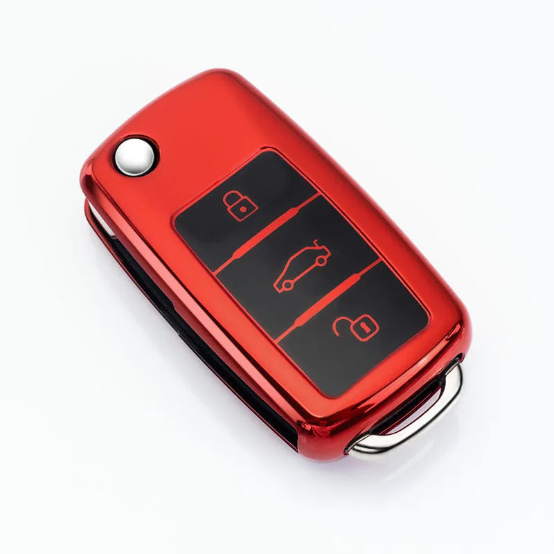 VW Model A folding car key case in TPU material with buckle closure in silver, blue, pink, and red colours