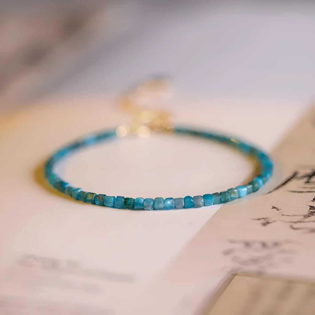 Women's natural blue apatite crystal bracelet with diamond-shaped stones, blue and gray, adjustable fit 14-18 cm.