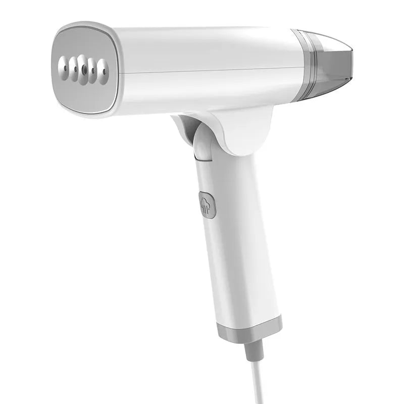 Blue handheld garment steamer with water tank and steam nozzle for clothing wrinkle removal