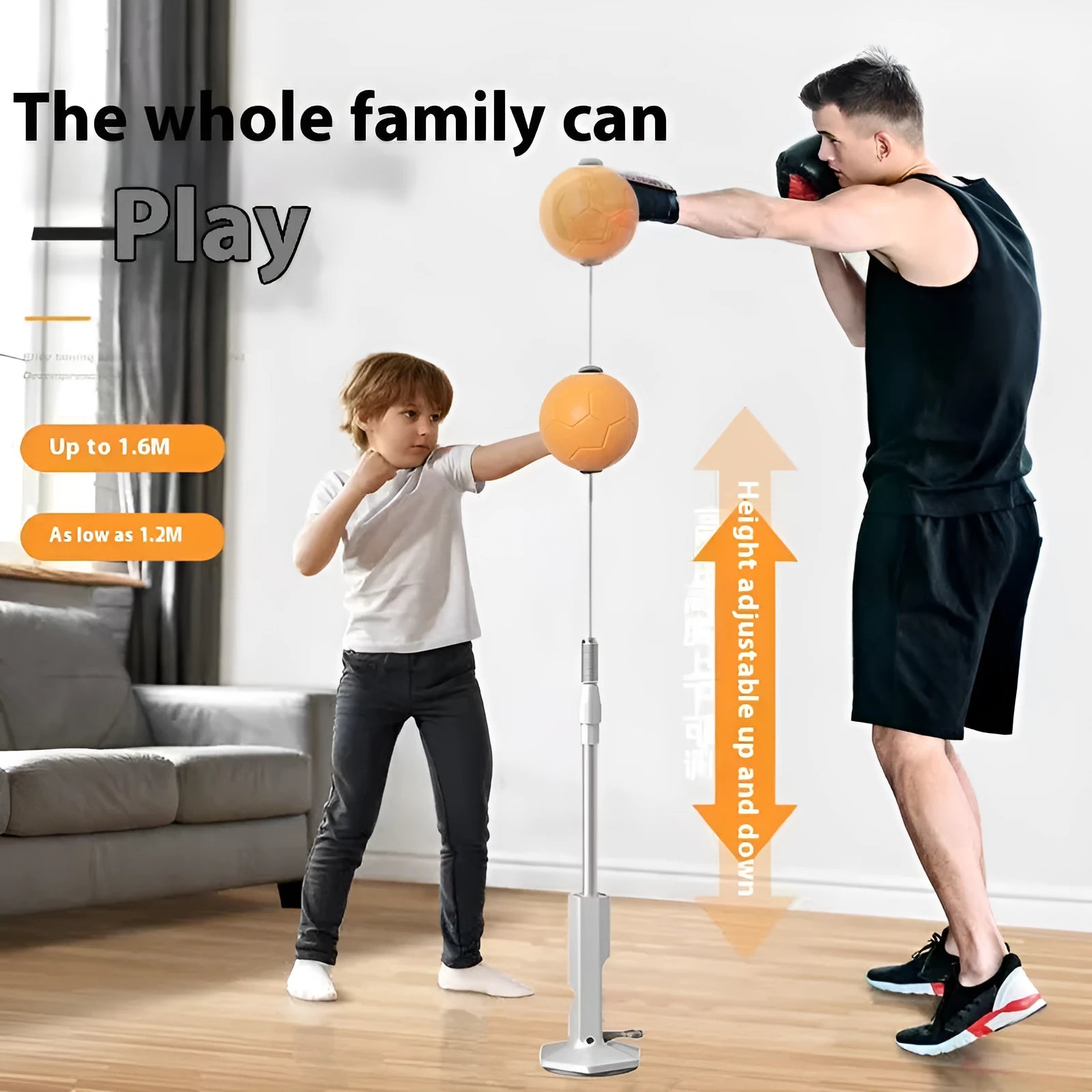 Vertical boxing reaction speed ball with gray PU gloves on a flat surface, roly-poly design for home focus training
