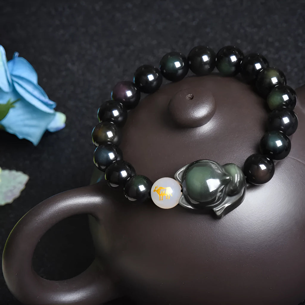 Natural obsidian bracelet zodiac guardian with 10mm beads in gold obsidian finish