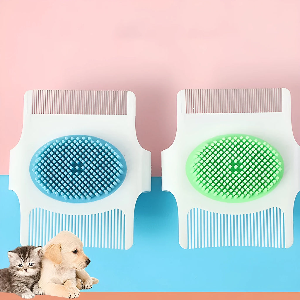 Multifunctional pet comb for dog grooming in Blue or Green measuring 8.5cm x 7.5cm x 2.5cm for flea and hair removal.