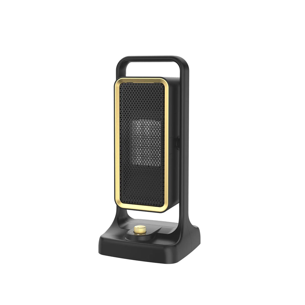 Black PTC ceramic desktop air heater with knob control on wooden surface