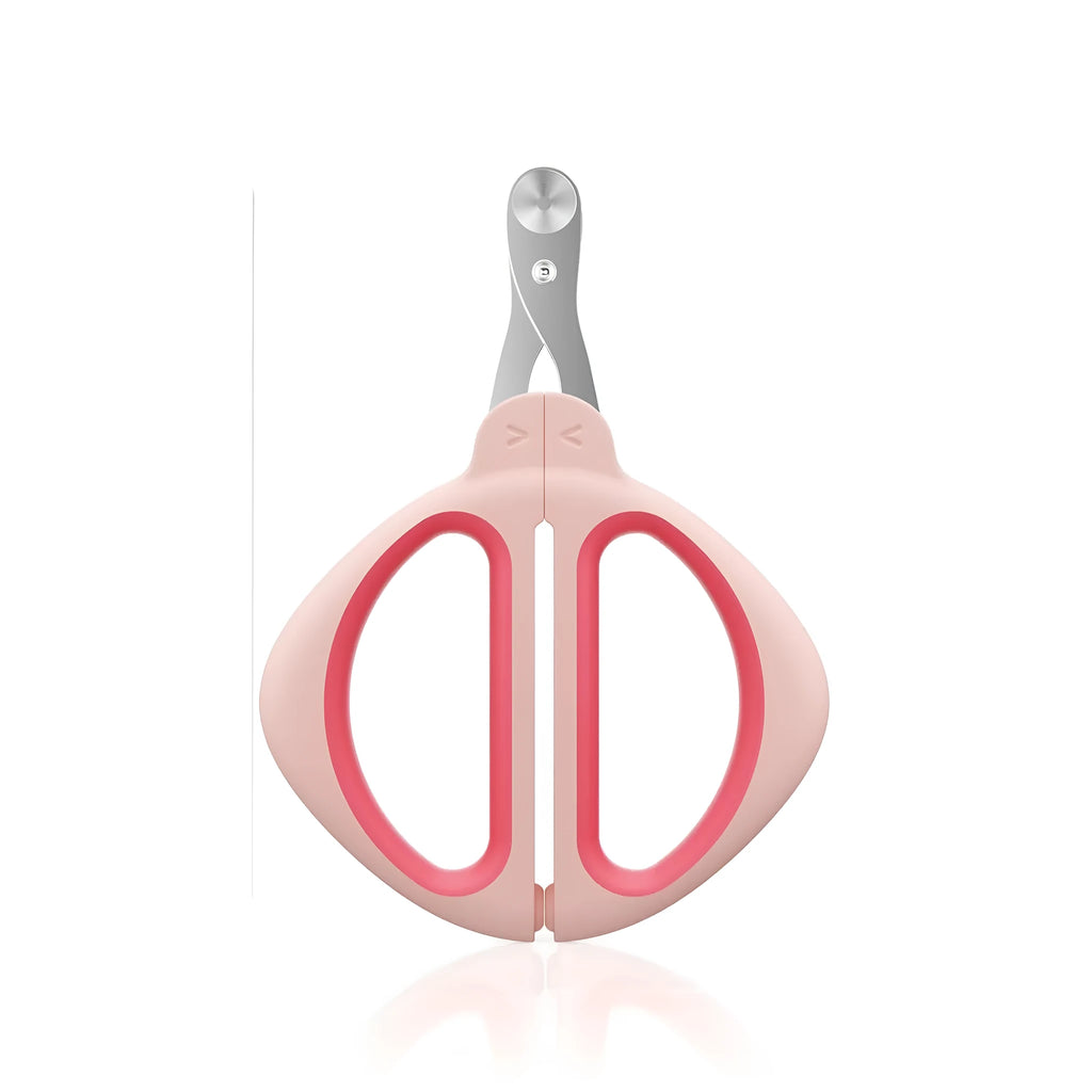 Stainless steel cat nail clipper with positioning hole and non-slip handle in blue or pink for safe pet grooming