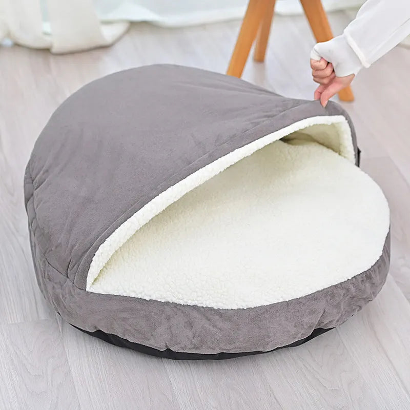 Brown cloth dog kennel with removable washable cover shown in S size option