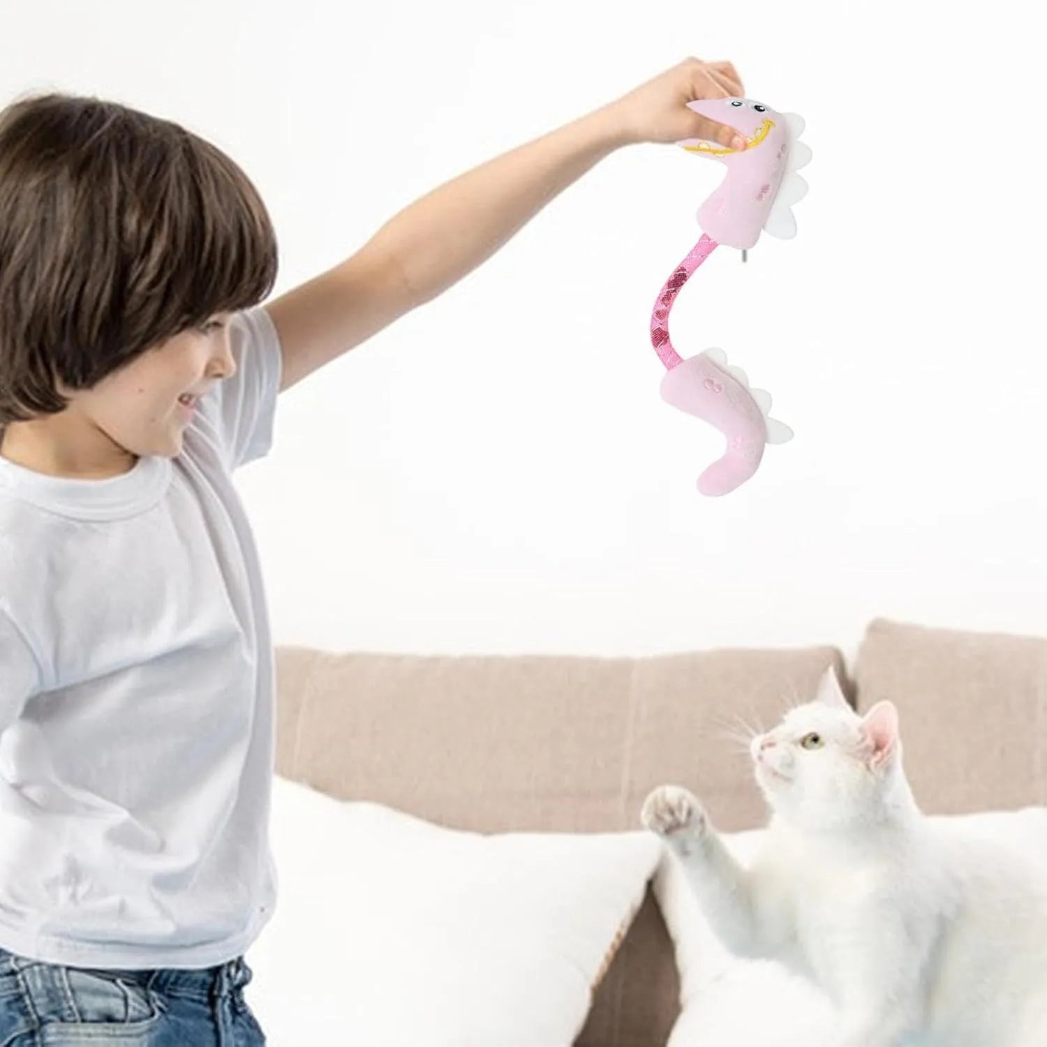 Four-piece cat toy set with rope, springs, and kicker toys in pink, purple, and yellow colours.