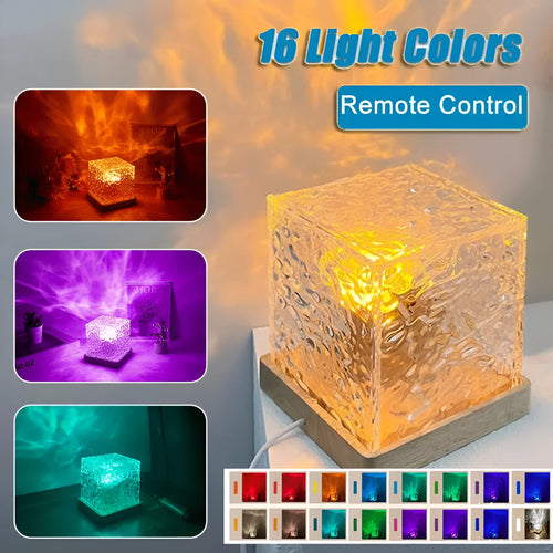 16-color LED water ripple night light with USB cable and remote control, crystal table lamp showing rotating projection on wall