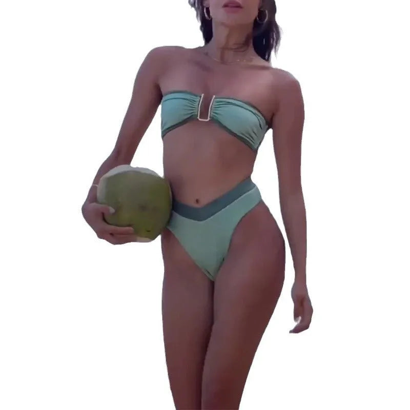 Women's fluorescent green contrast colour bikini suit with nylon fabric, sleeveless top, and brief-cut bottoms
