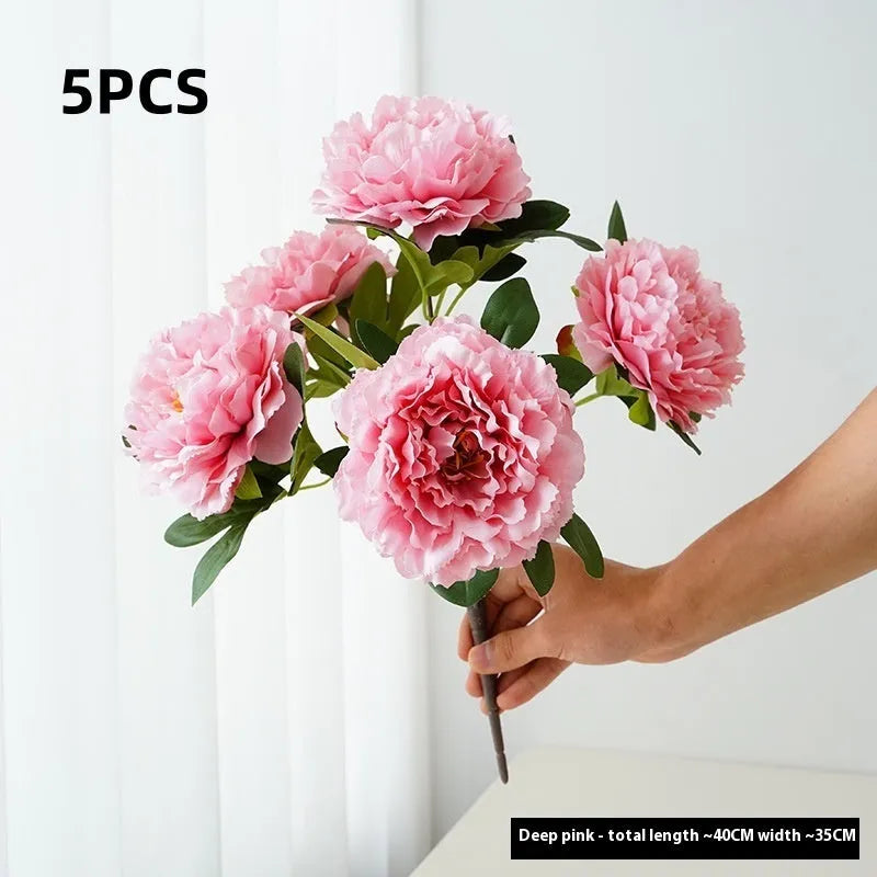 Artificial 5-head peony silk bouquet 40cm in light champagne colour for wedding decor