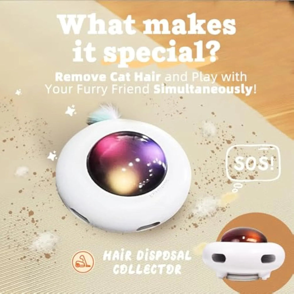 White interactive UFO cat toy with colourful LEDs and feather holes on a wooden floor