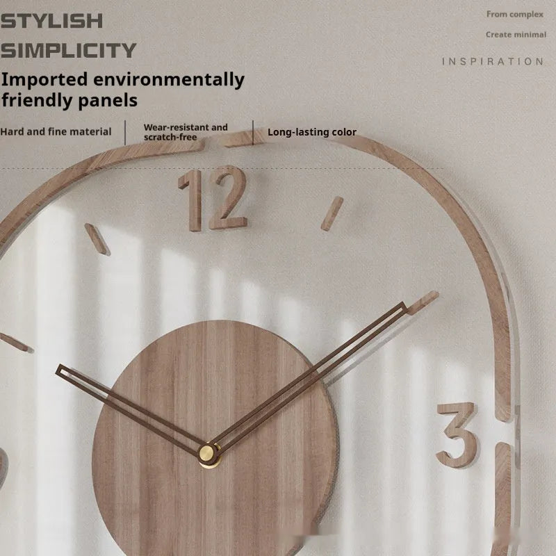 Transparent wooden frame wall clock with clear glass face and black Roman numerals
