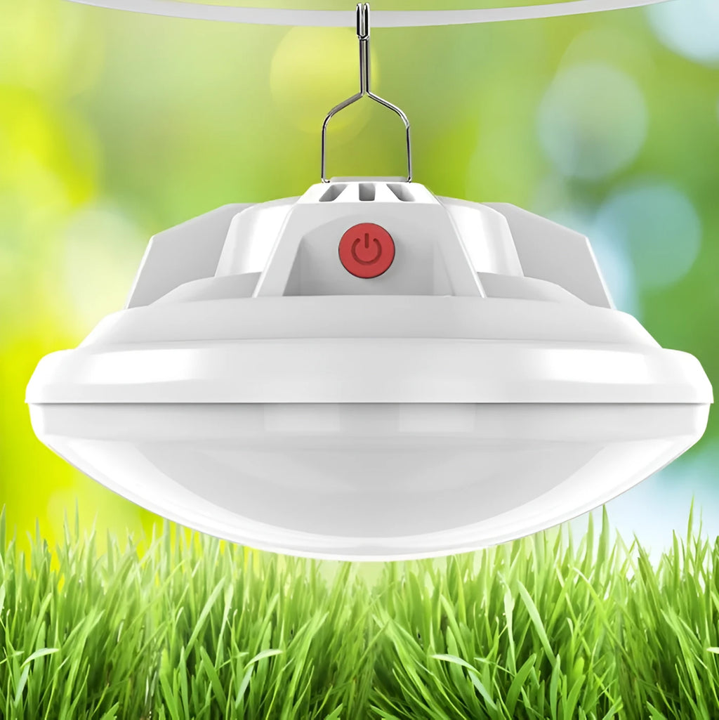 Multifunctional LED camp light with rechargeable 18650 battery, 300 lumens brightness, and 15-40 metre illumination radius.