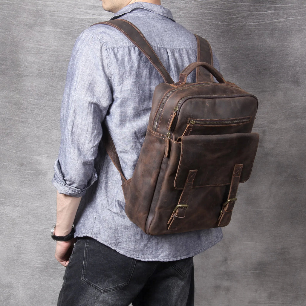 Retro crazy horse leather backpack first layer cowhide dark coffee colour with multiple pockets