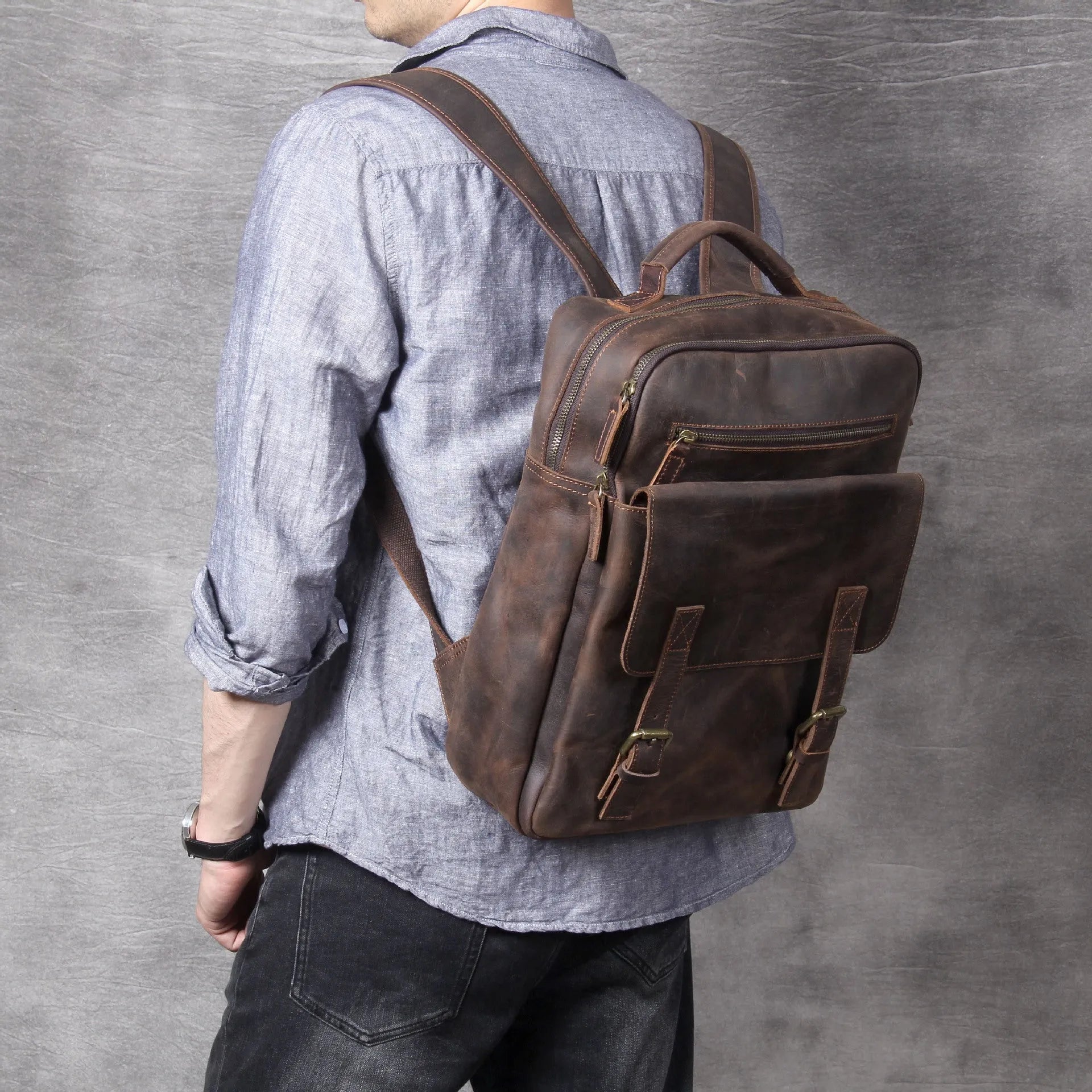 Retro crazy horse leather backpack first layer cowhide dark coffee colour with multiple pockets