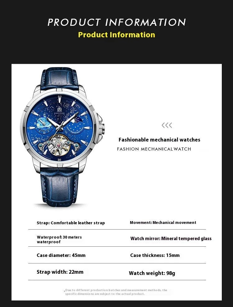 Men's blue dial automatic mechanical watch with stainless steel case 40mm diameter