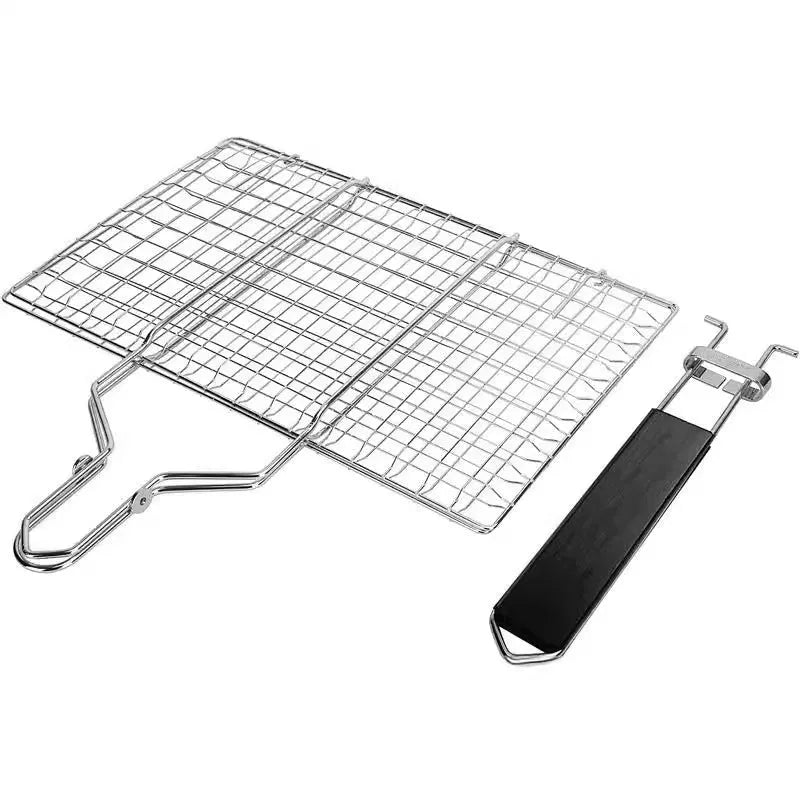 Square stainless steel barbecue mesh basket in a folded position next to a cleaning brush.