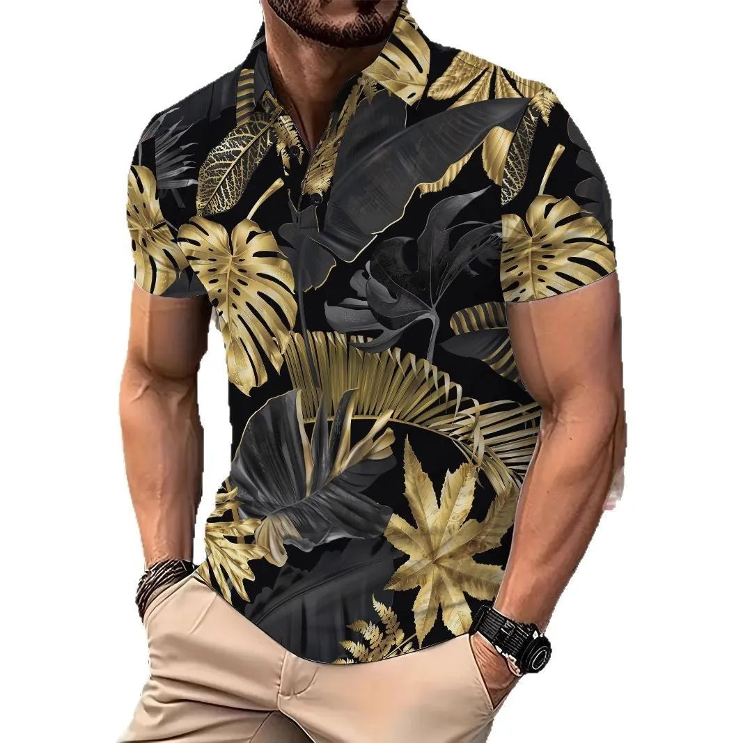 Men's gold tropical plant pattern short sleeve polyester shirt front view for summer