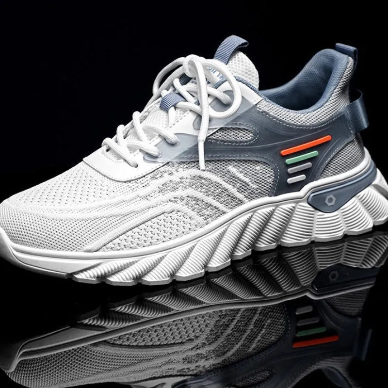 Men's white blue platform sneakers with cross straps and rubber sole.