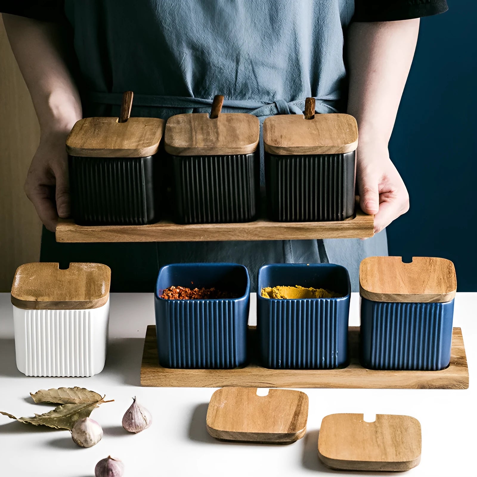 Ceramic seasoning jar set with matte glaze finish and wood lids, available in 2 or 3 pieces, black blue white options
