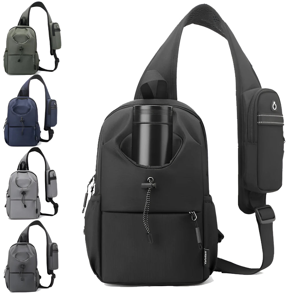 Oxford cloth waterproof shoulder chest bag for men in black with stitching detail