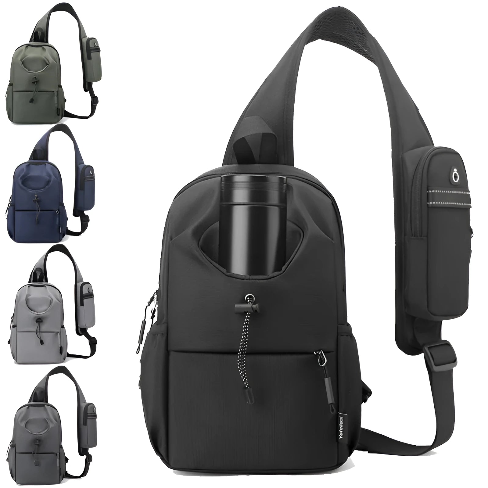 Oxford cloth waterproof shoulder chest bag for men in black with stitching detail
