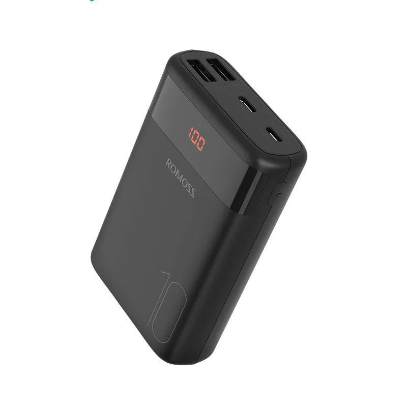 Roman Shi 10000mAh mini power bank in black with multi-U port output and compact 95x63.9x25.6mm size