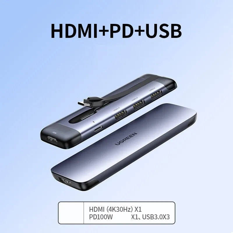 USB-C to multi-port hub adapter with HDMI, USB 3.0, PD charging, Ethernet, VGA, and card reader ports on a 9cm cable.