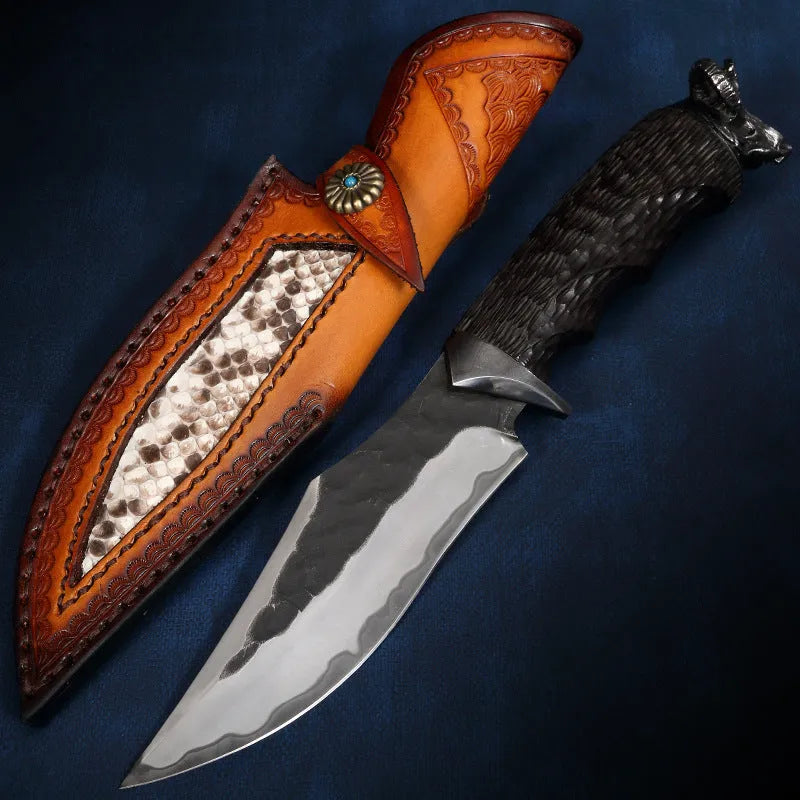 Black Goat high hardness three-in-one steel straight knife with 200mm blade, 102mm handle diameter, 380g weight, black finish