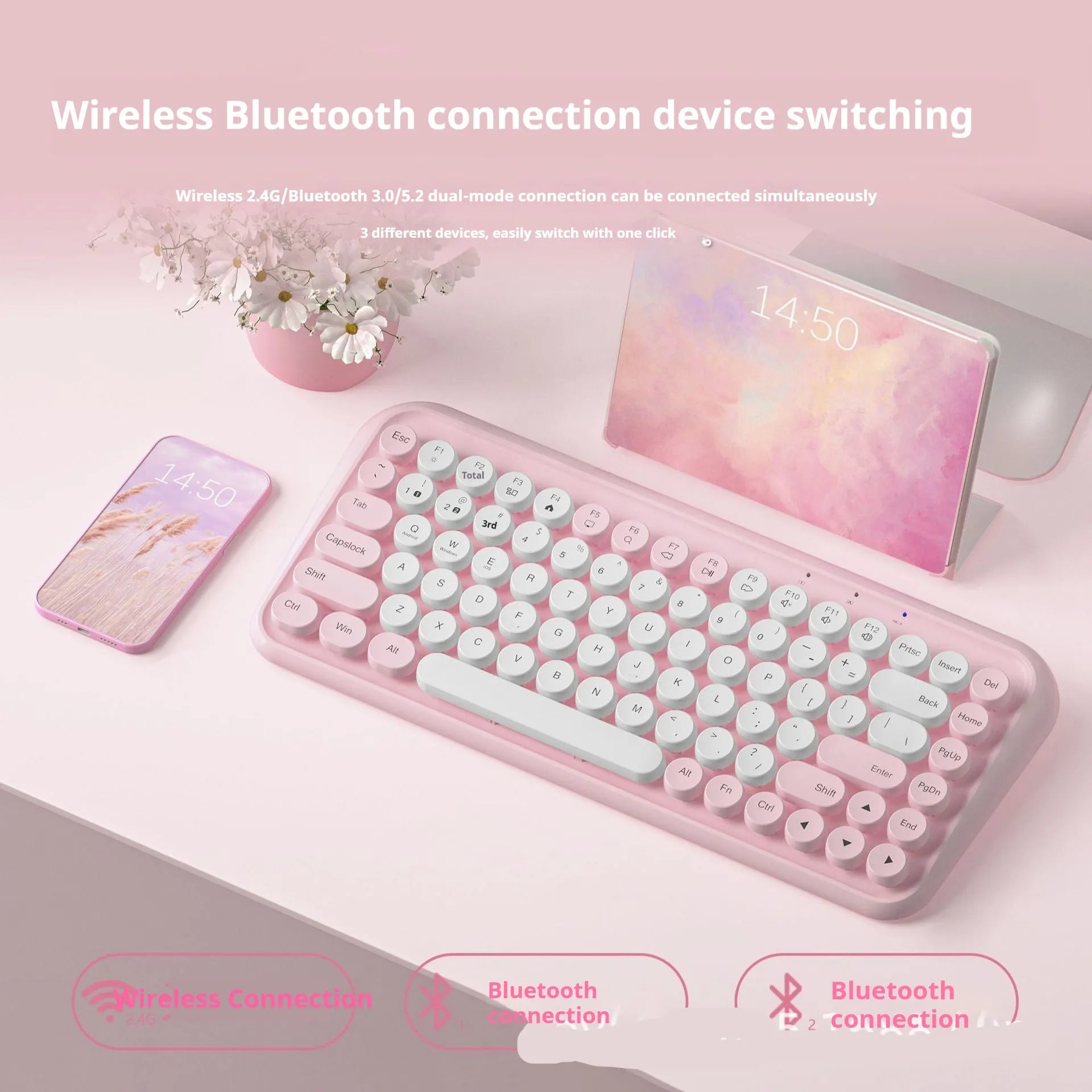 Pink portable Bluetooth keyboard with 84 keys showing crater architecture buttons