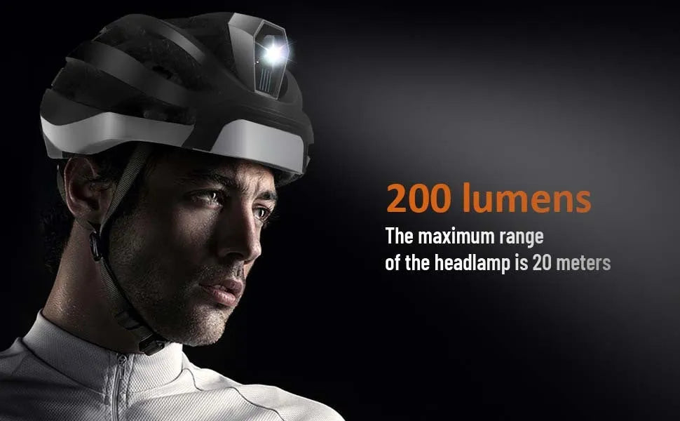 Smart Bluetooth warning light cycling helmet in black and gray, free size 57-62 cm, with integrated light and USB port.